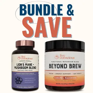 Live Conscious Beyond Brew + Lion's Mane - Ultimate Functional Mushroom Bundle - Lion's Mane, Cordyceps, Reishi & Turkey Tail Mushrooms - Pre & Probiotic Gut Support & Cognitive Memory Support Supplements
