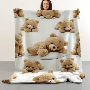 Ultra Soft Teddy Bear Flannel Throw Blanket for All Season Cozy Comfort Vintage Style with Multiple Teddy Bear Patterns Light Beige Perfect for Bed Couch Chair Office and Camping