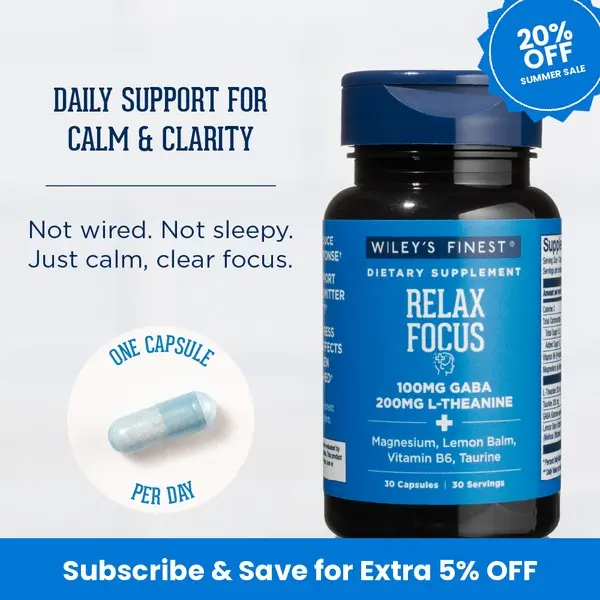 Wiley’s Finest Relax Focus - Daily Supplement for Stress Support - Contains L-Theanine, GABA, Vitamin B6 & Magnesium - 30 Capsules (30 Servings)