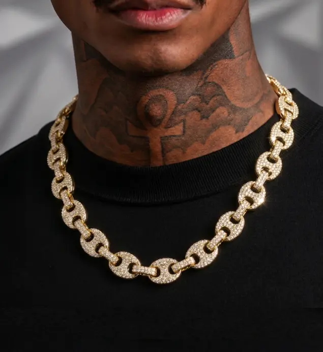 14K Gold Plated Iced Mariner Link Chain Necklace 12mm