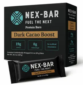NEX-BAR Dark Cacao Boost Protein Bars - 8 Pack. Clean Protein Bar with No Added Sugar and No Artificial Sweeteners