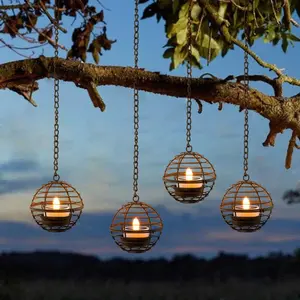 Solar Hanging Lanterns Outdoor , Rust Iron Ball Candle Holder with Flickering Solar   Lights,  Chargeable Solar Lights for Backyard Patio Garden Fence Tree Decoration-4Pack