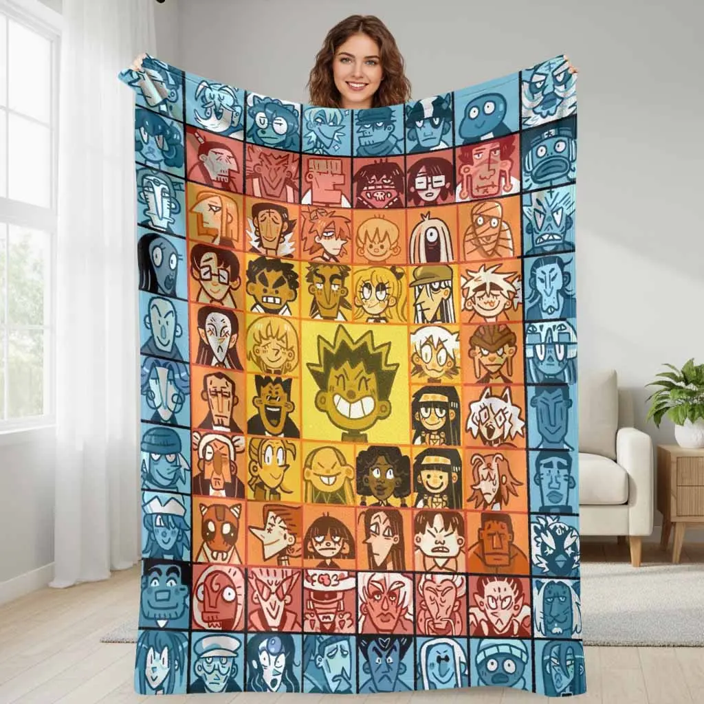 Cartoon Character Pattern Flannel Blanket Unique Anime Face Mosaic Print Super Soft Lightweight Cozy Plush Throw Perfect for Living Room Sofa Bedroom Bed Decorating Birthday Gift Holiday Celebration