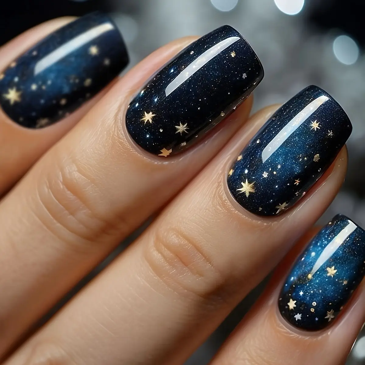 24 square fake nails, sweet and cool cartoon starry sky stars, wearable nail, Nail Art Design, detachable nail art