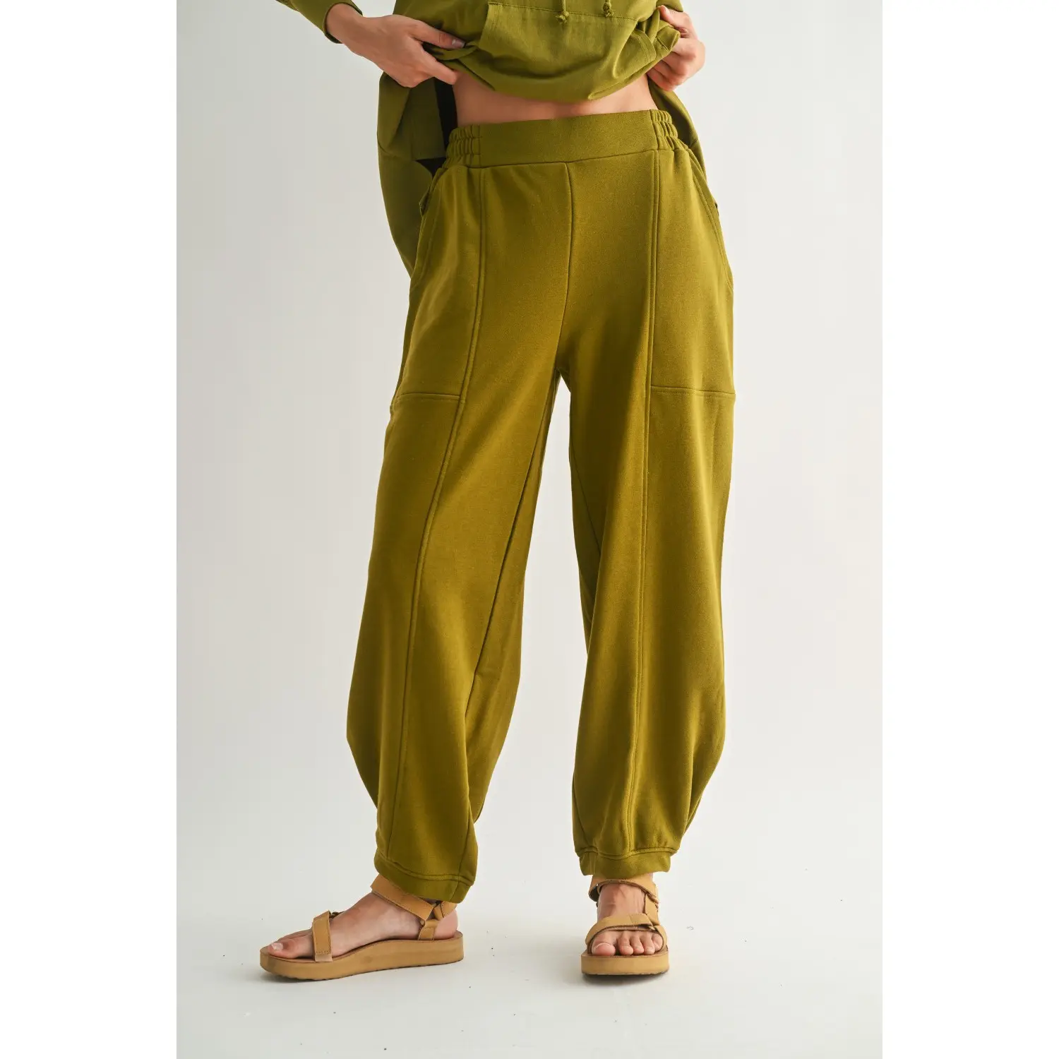 Women’s Cotton Blend Lounge Joggers – Relaxed Fit, Barrel Leg, Patch Pockets & Cuffed Hem (Olive Green) - Dune Drift Cotton Lounge Joggers – Relaxed Fit + Deep Pockets