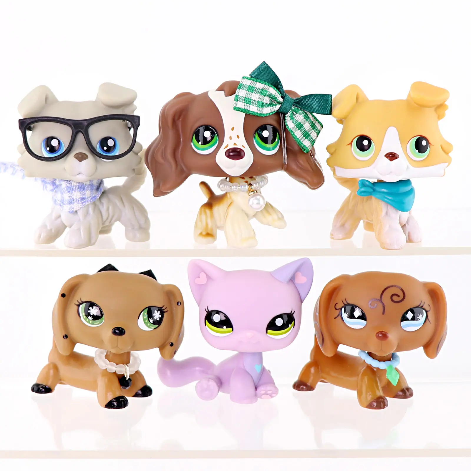 6Pcs Mixed Cat & Dog Mini Figurine Set Cute Pet Animal Collectible Toys With Glasses Bow Bandana Necklace Accessories Kids Birthday Desktop Decor Gift