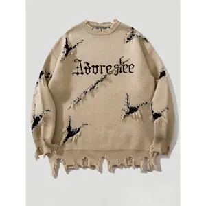 1pc Men'S Casual Ripped Sweater with Embroidered Alphabet Pattern, Crew Neck, Long Sleeve, Knit Fabric, Medium Stretch, Polyester Lining - Fall/Winter Collection - For Men - Stylish & Comfortable - Perfect Gift for Fashionable Guys