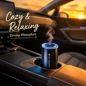 Smart Car Air Freshener Diffuser, USB Rechargeable Aroma Humidifier with Ambient Light, Ultrasonic Nano Mist, 3 Adjustable Modes, Auto Start & Stop, Cup Holder Car Fragrance Diffuser for Interior Atmosphere