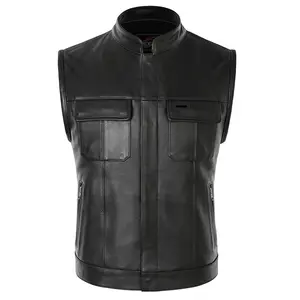 Men's Genuine Leather SOA Biker Vest - Black Motorcycle Protective Gear with Pockets