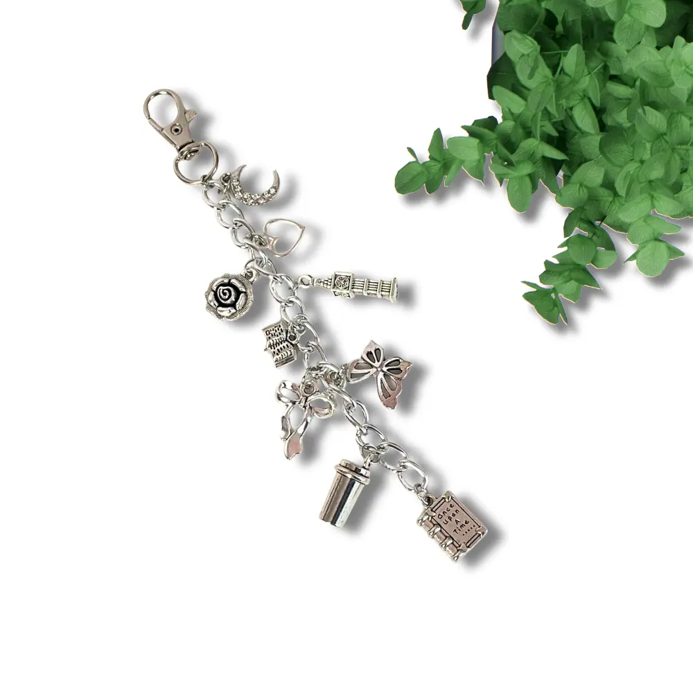 ️ Mix and Mingle E-reader Chain Bookish Clip-On Accessory for Kindle, Tablet E-Reader or Device, Silver Aesthetic, Coffee Cup, Big Ben, Books, Hearts, Butterflies, Clowers and Rhinestone Moon