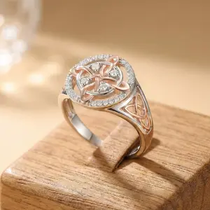925 Sterling Silver Rose Gold Plated Celtic Knot Ring, Anillo Nudo de Bruja Plata 925 Original Witch Knot Jewelry, Cubic Zirconia Decorated S925 Witches Knot Ring, Witchtok Witch Jewerly Pagan Jewelry for Devotion for Protection
