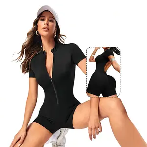 Glfera Women's Ribbed Backless Yoga Romper - Front Zip Jumpsuit Tummy Control One Piece Bodysuit Athletic Shorts