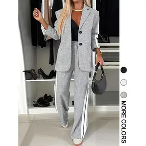 Women's 2-Piece Striped Print Long Sleeve Blazer & Wide Leg Grey Trouser Set, Casual Fitted All-Season Sports Clothing Ensemble