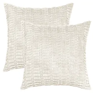 REGALWOVEN Pack of 2 Corduroy Decorative Throw Pillow Covers Soft Boho Solid Striped Cushion Covers Modern Farmhouse Home Decor for Sofa Living Room Couch 20 x 20 Inch Beige