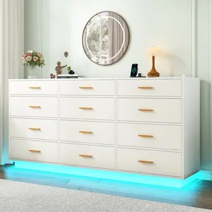 63" Modern  Dresser with 12 Drawers & Power Outlet, RGB LED Lights,  Metal Drawer Handles – Stylish Storage for Bedroom, Living Room