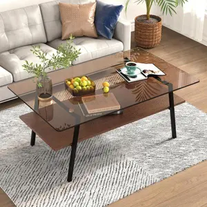 Brown Smoked Glass Coffee Table, Retro Modern Rectangle Center Table with Metal Frame, Luxury Warm Tone Living Room Table