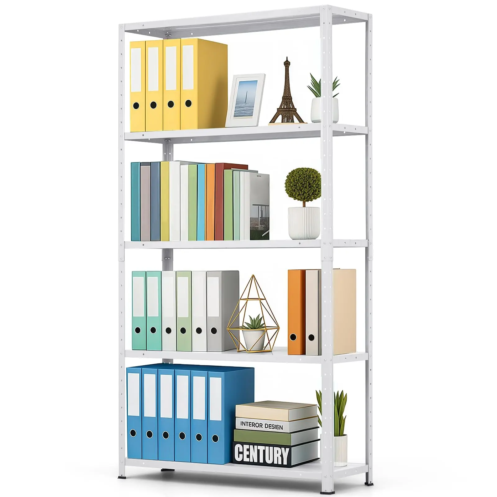 Garvee 5 Tier Metal Bookshelf, 68" Tall Farmhouse Bookcase with Adjustable Shelves, Standing Shelves for Home Office, Living Room, Bedroom, White