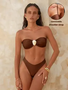 New Two-Piece Set, Vintage Style Solid Color, High Waist Triangle Pants, Backless Design, Shell Texture Decorative Buckle, Deep Fabric, Bikinis Set, Swimsuit Bikini, High Waisted Swimsuits