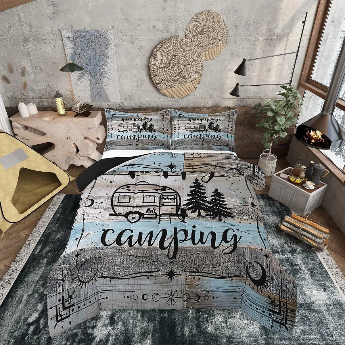 Boho Camper Decor Comforter Set Happy Camping Bedding Set Rv Accessories Quilt Travel Trailers Bunks,Rustic Farmhouse Stars Moon Quilted Duvet Blue Grey Adults Bedroom