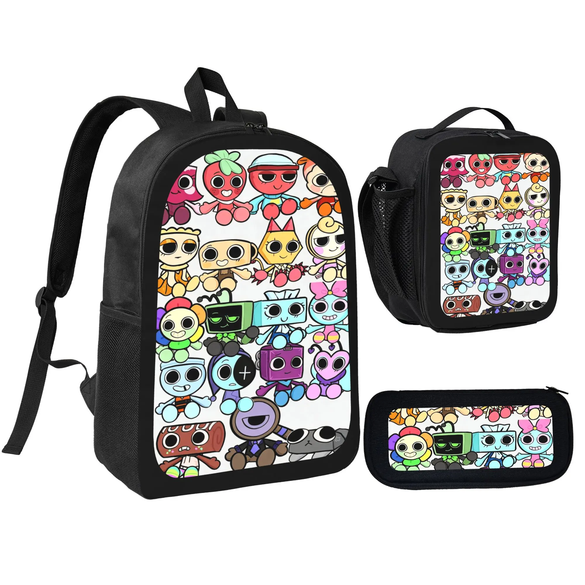 1. Dandy’s World All Character Collage 3 Piece Backpack Set | Backpack + Lunch Bag + Pencil Case Lightweight Waterproof Student Bag