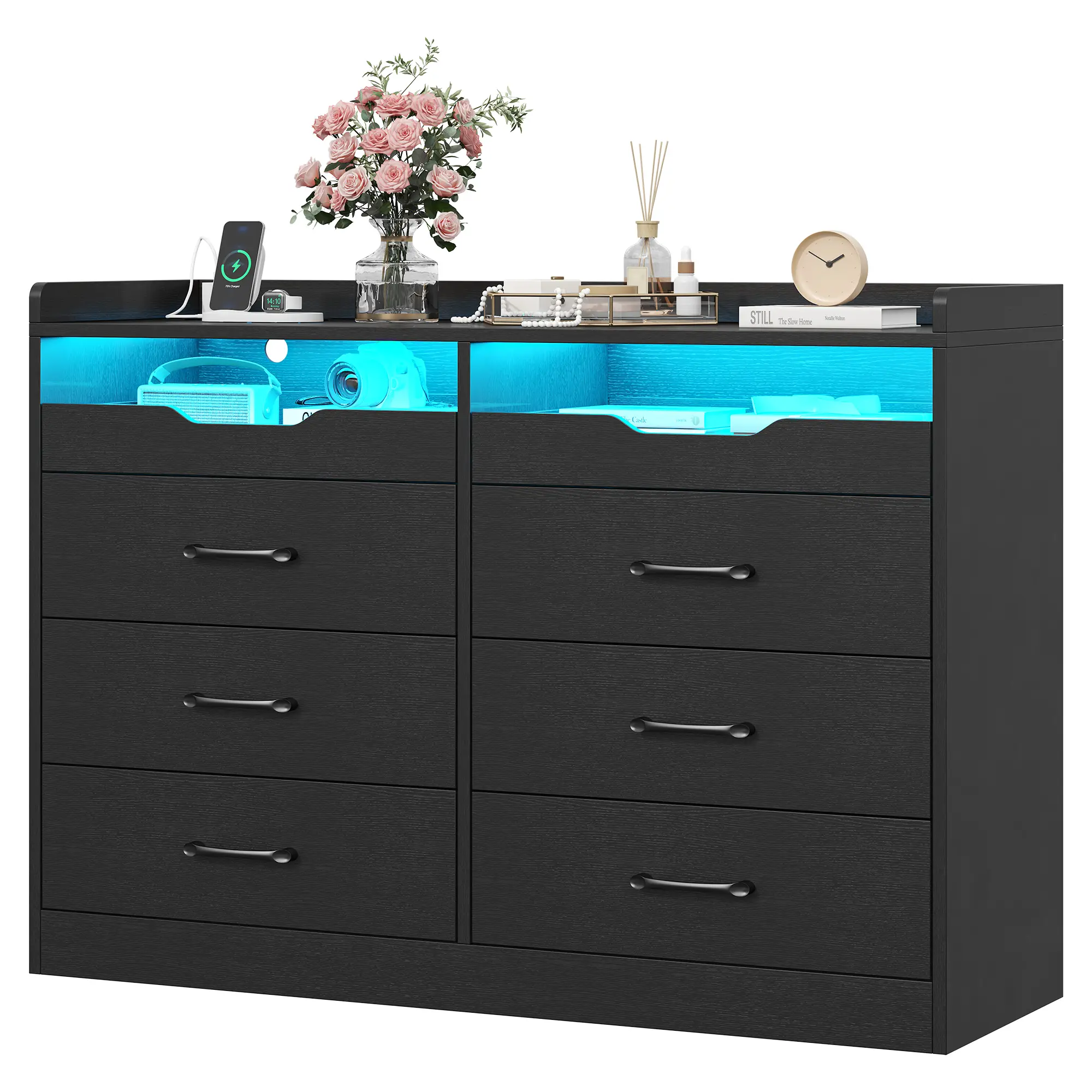 6 Drawer Dresser for Bedroom with Charging Station & LED Light, 47.2" Wide Dresser with 6 Large Drawers & 2 Pull-Out Tray, Wood Dresser Organizer for