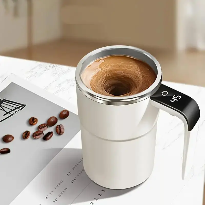 USB Rechargeable Automatic Stirring Coffee Cup with Lid, Portable Temperature Display Coffee Mug, Sealed Thermos Cup for Home & Office & Travel, Drink