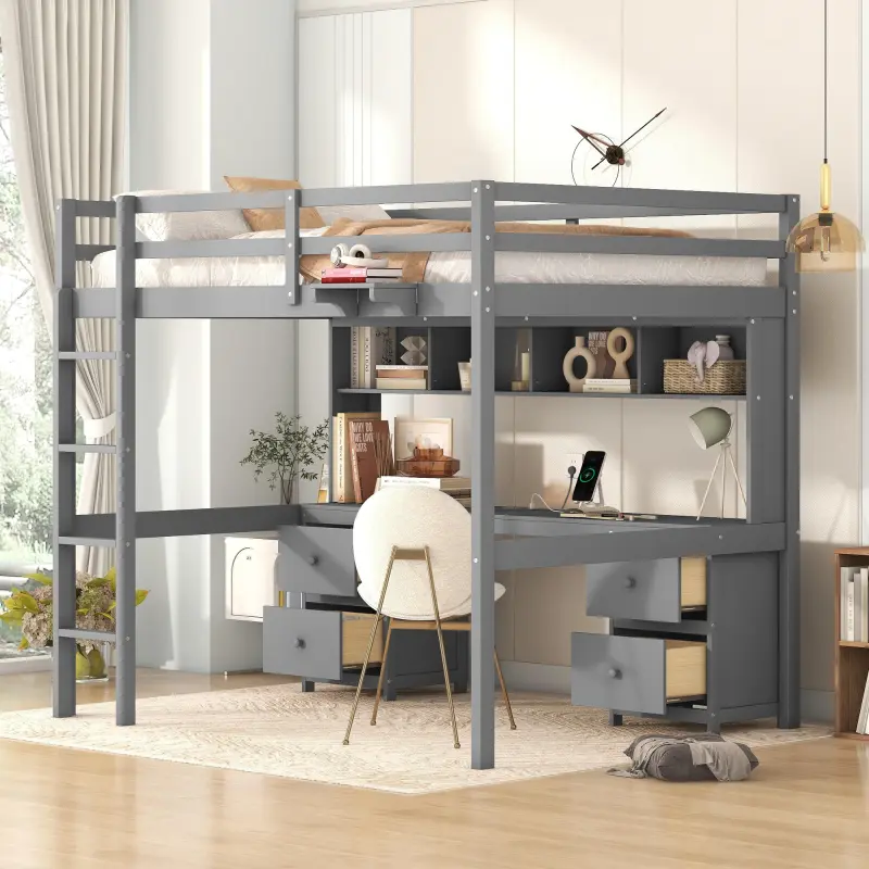 Full Size Loft Bed with Desk, Bookshelf, Solid Wood Loft Bed Frame with Storage Drawers and Bedside Tray, Charging Station
