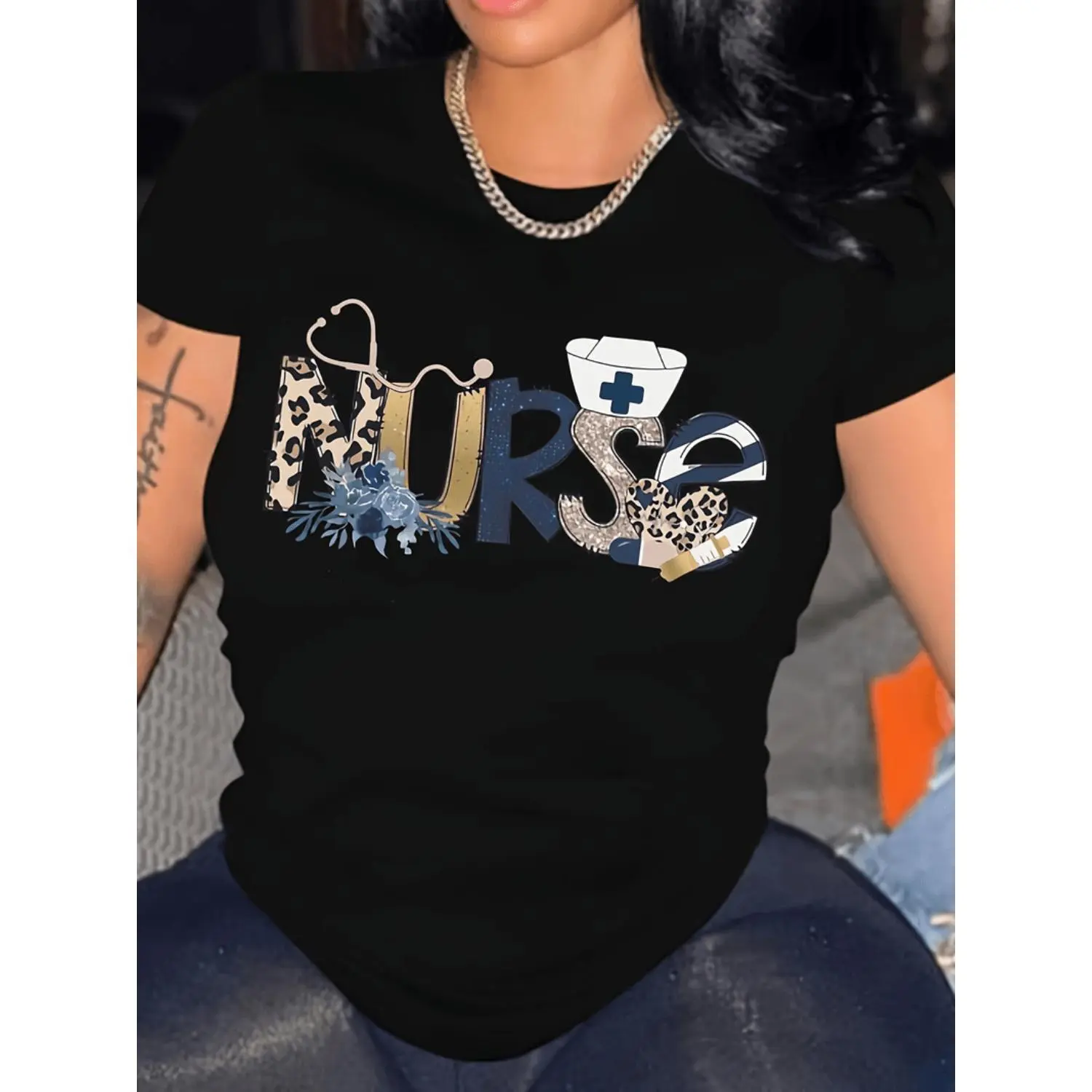 womens nurse themed graphic t shirt 100 polyester casual crew neck knit fabric tee with short sleeves and regular season black -1