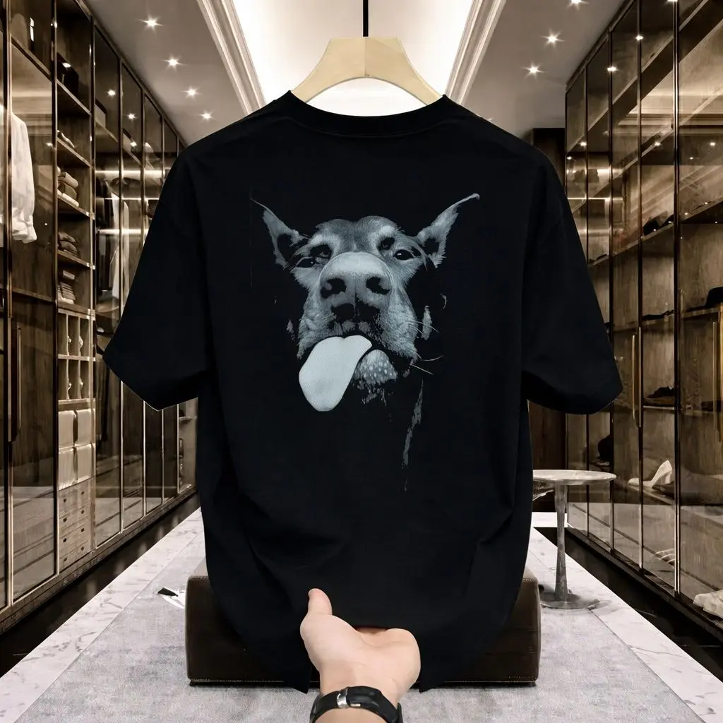 Monochrome Doberman Dog Portrait Graphic T-Shirt With Tongue Out Design