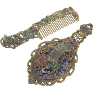 Antique Mirror Comb Set 1 Set Vintage Metal Handheld Makeup Mirror with a Comb Embossed Peacock Hand Mirror Travel Portable Foldable Mirror Decorative Tabletop Mirror