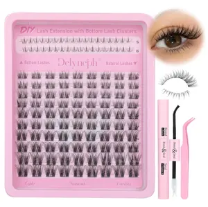 Natural Lash Clusters Kit with Bottom Lashes 5-16mm Clear Invisible & Black Band Cluster Eyelash Extensions Wispy C Curl DIY Lash Extension Kit Eyelashes Clusters Kit with Bond and Seal