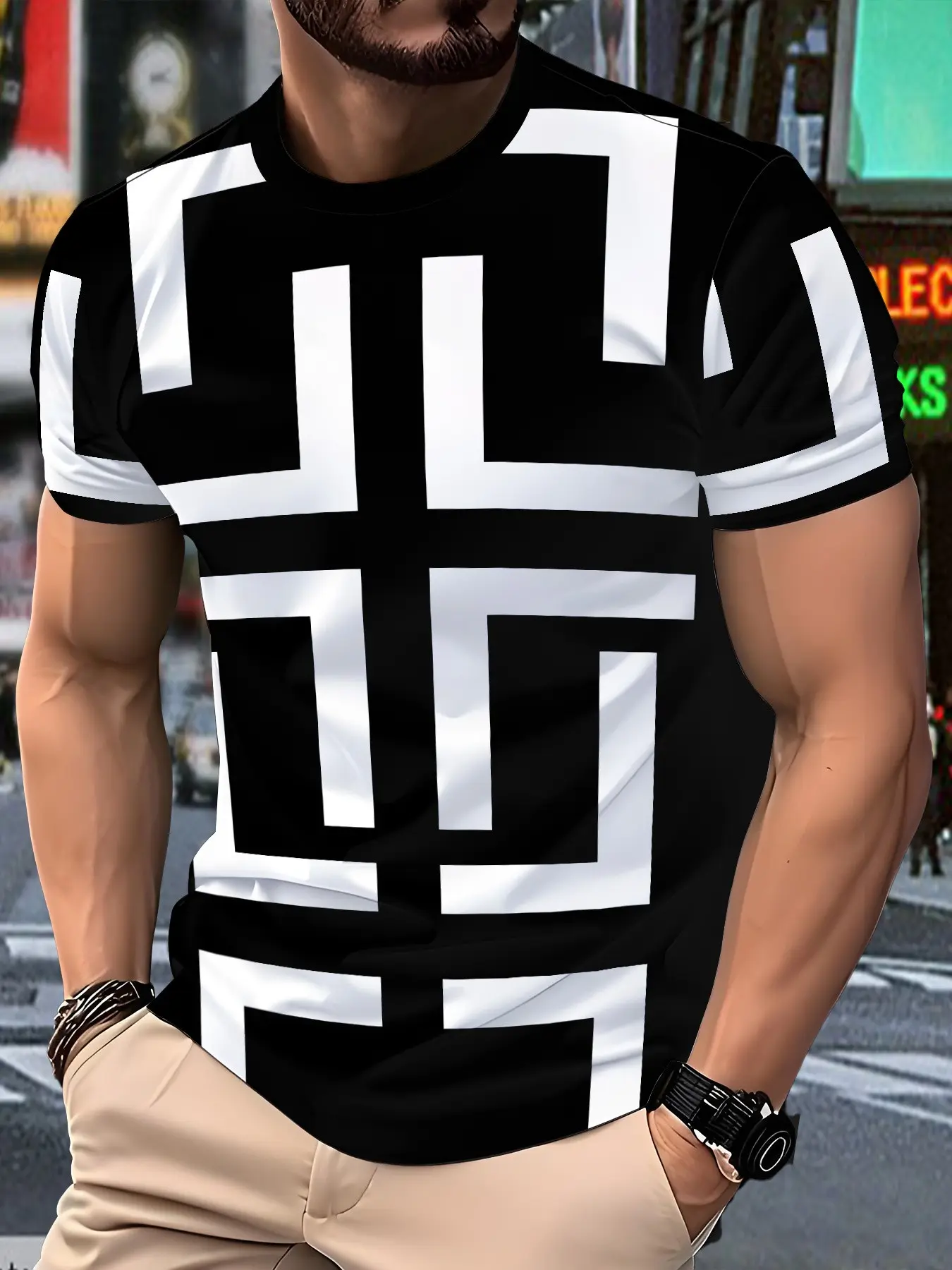 Men's Geometric Pattern Short Sleeve T-Shirt, Block Casual Top, Fashion Trendy Streetwear Men's Clothing, Loose-Fitting H-Type, Menswear, Relaxed Fit
