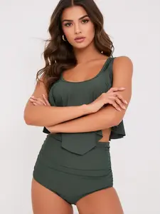Dark Green Flounce High Waisted Tankini Set, Ruffled Top with Double Straps