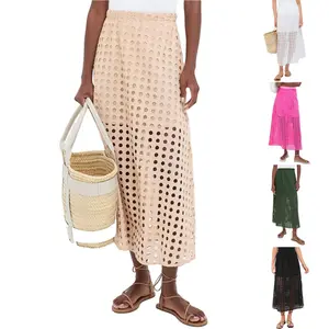 JovenPara Women's Cotton Eyelet Summer Casual Maxi Skirt - Elegant, Chic Polyester-Lined Women's Bottom for Beach Wear