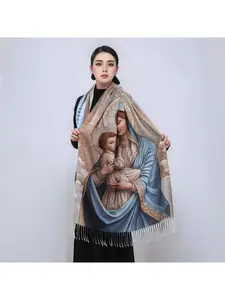 Spring and Autumn New Virgin Mary Printed Plush Thickened Long Scarf, Warm and Versatile Outerwear Shawl for Women