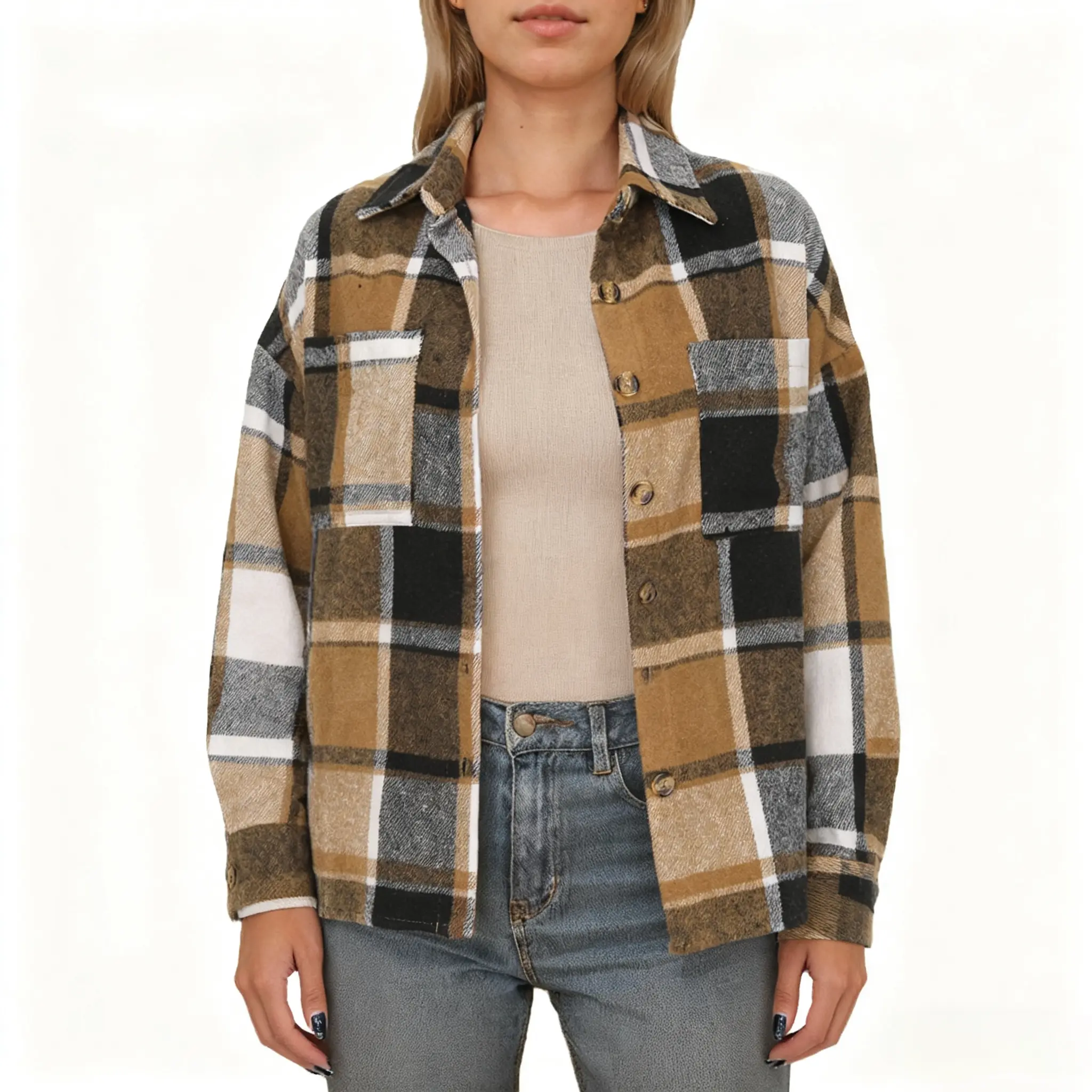 ZEAGOO Women's Oversized Retro Plaid Shacket - Long Sleeve Button-Down Flannel Jacket Coat, Casual Outdoors Holiday Wear, Side Pockets, Lightweight Plus Size Top for Jeans, Xl, Loose-Fit