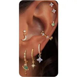 Gold Stud Earring Sets for Multiple Piercing Dainty Flower Leaf Butterfly CZ Dangle Earrings Stack Cartilage Huggie Hoops Earrings for Women