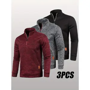 3-Pack Men's Lined Half-Zip Sweatshirt, Casual Solid Color Stand Collar Pullover, Long Sleeve, Polyester, Slightly Stretchy, Knitted Fabric, 210g/m2, Suitable for Autumn and Winter, Hiking and Outdoor, Regular Style