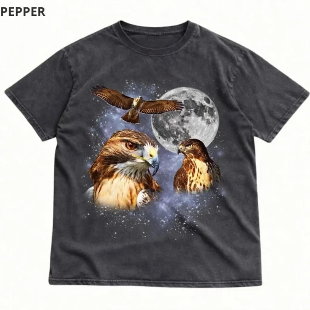 Y2K Hawk Moon Space Graphic T-Shirt – Vintage Cosmic Bird Of Prey Unisex Tee - Vintage Graphic Tee – Unisex S-3XL – Menswear & Womenswear – Streetwear Tops – Casual Cotton Crewneck Shortsleeve T-shirt