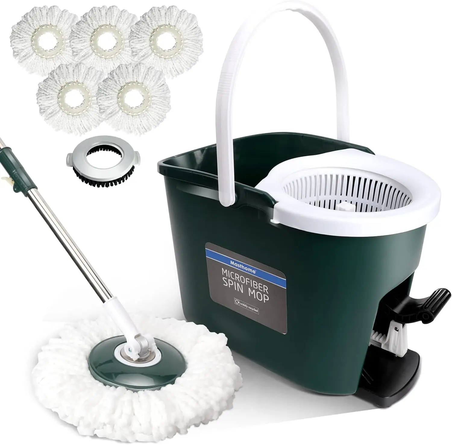 Masthome Spin Mop Bucket Set,360 Spin Mop with Foot Pedal Bucket for Floor Cleaning,Hands-Free Mop Bucket System with 5 Microfiber Mop Pad Refills,All Surfaces Safe (Includes 1 Floor Brush)