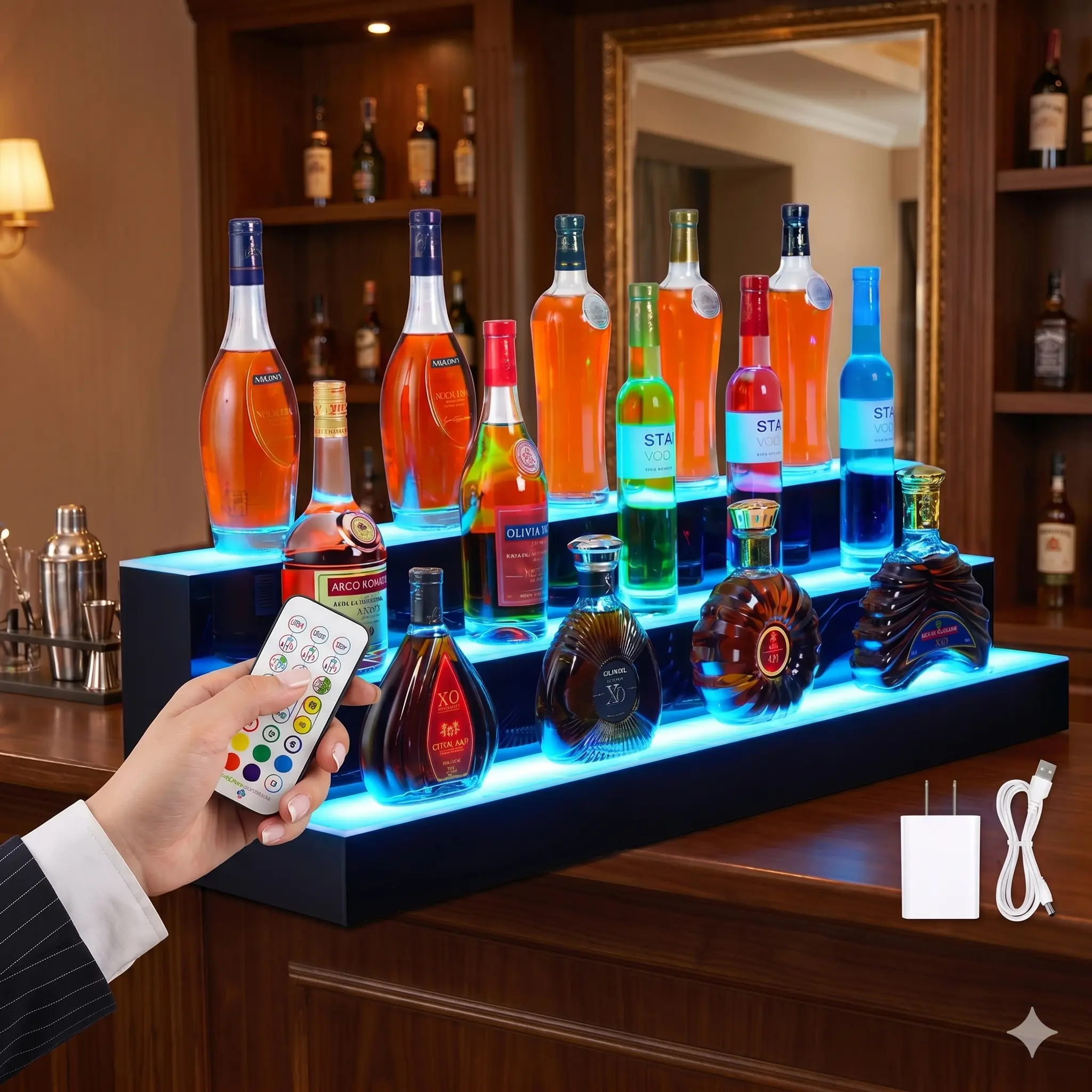 GARVEE 3 Tiers LED Lighted Liquor Bottle Display,30in LED Liquor Shelf with Remote & App Control,Bottle Shelf 16 Colors,4 Modes,Multi-Color Lighting Modes,Bars