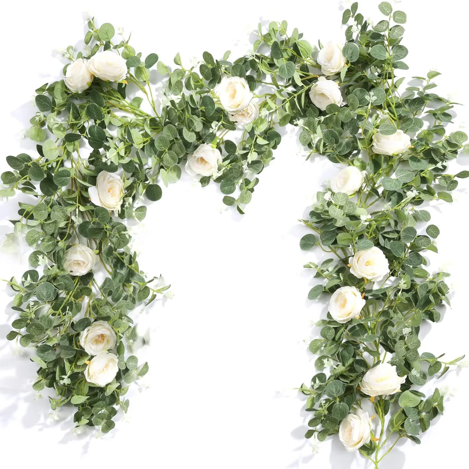 Der Rose 4-Pack Traditional 6.5ft Each (26ft Total) Lightweight Polyester Decorative Garland, Plastic Champagne Rose Fabric Flowers & Eucalyptus Faux Vine for Wedding Arch, Home Decor Accents, Fabric Roses