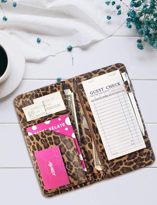 Server Book for Waitress Book with Zipper Pocket, 5x9 Leopard Magnetic Closure Server Wallet with Money Pocket and Zipper Pouch, Restaurant Waitstaff Organizer Fit Server Apron