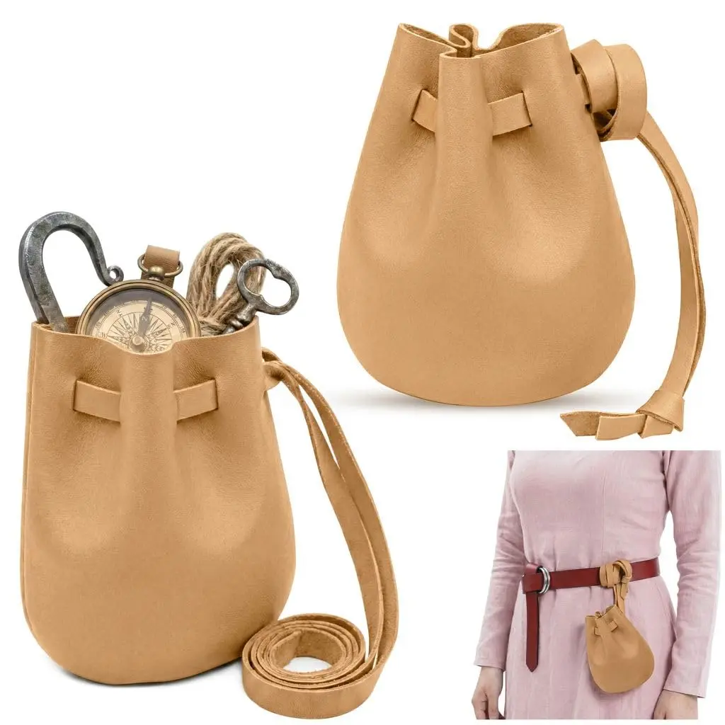 Mythrojan Medieval Genuine Leather Drawstring Pouch, 6 inch Belt Bag | Rustic Leather Coin Pouch for LARP, Renaissance, Cosplay & Costume Use (Natural)
