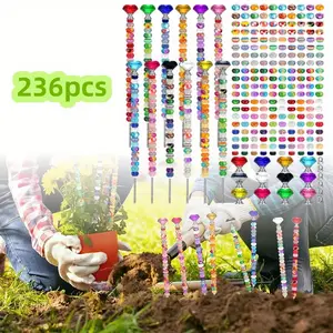 A Set of 236 Pcs Garden Stake DIY Fairy Wand Plant Stake with 12 Colorful Crystal Stopper,12 Threaded Rod with 200 Large Hole Bead for Spring Summer Holiday Outdoor Decor,Christmas Party Gifts,Hand Tools Kits