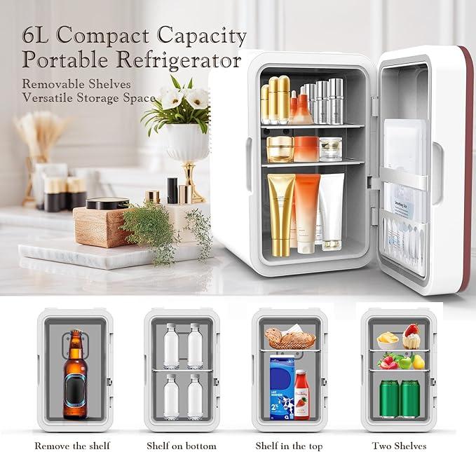 Mini Fridge for Bedroom, 6L Skincare Fridge with LED Mirror, Portable Cooler & Warmer for Dorm, Office, Makeup & Cosmetics, White Compact Quiet Design