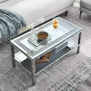 Modern Mirrored Coffee Table for Living Room Luxury Cocktail Center Table with Silver Mirror Finish Rectangular Coffee Table with Shining Crystal Inlay