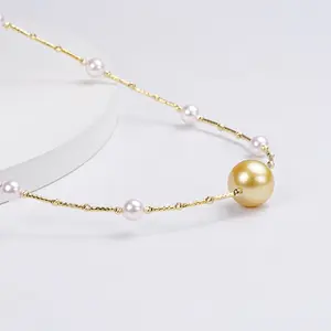 LiushaBay culture pearls saltwater Pearl South Sea Gold Pearl + Akoya Pearl Necklace Pearl Size 10-12mm H24083001-A1-2YSSP100120