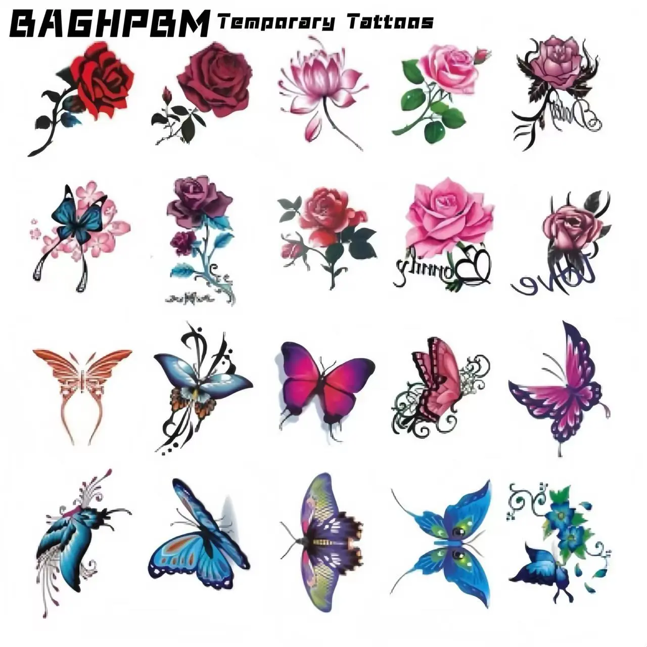 BAGHPBM Waterproof Realistic Temporary Tattoos Variety Packs, 20/50pcs Assorted Flower-Butterfly Designs for Ankle-Clavicle, All Skin Compatible Fake Tattoo Bundle, Do-It-Yourself Options Available, Fake Tattoo Waterproof