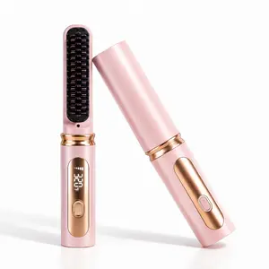Cordless Hair Straightener Brush with Cover - Portable Mini Negative Ion Hot Comb for Travel, Gym & Car - USB Rechargeable Anti-Scald Hair Styler Hair Styling Tools